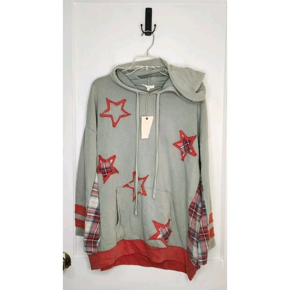 Easel Clothing Star Patch Mineral Washed Hoodie Pullover Sage Plaid Detail 1X
